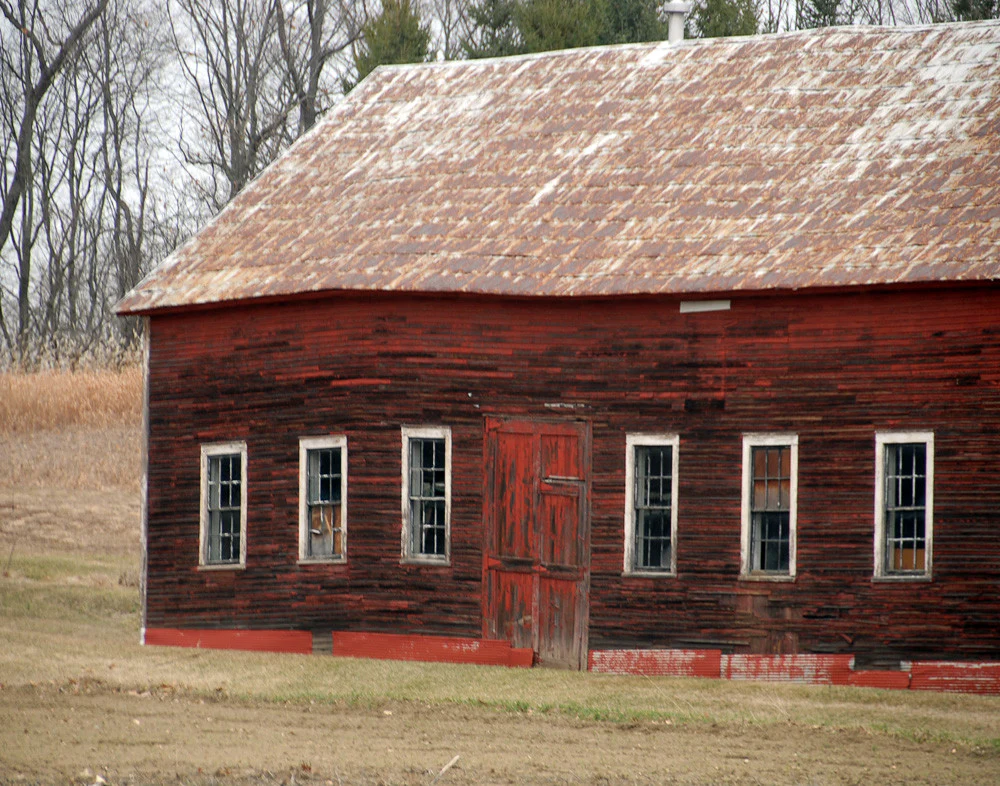 An old red barn in Hadley, MA, weathered wood siding faded to deep crimson, bare winter trees behind it